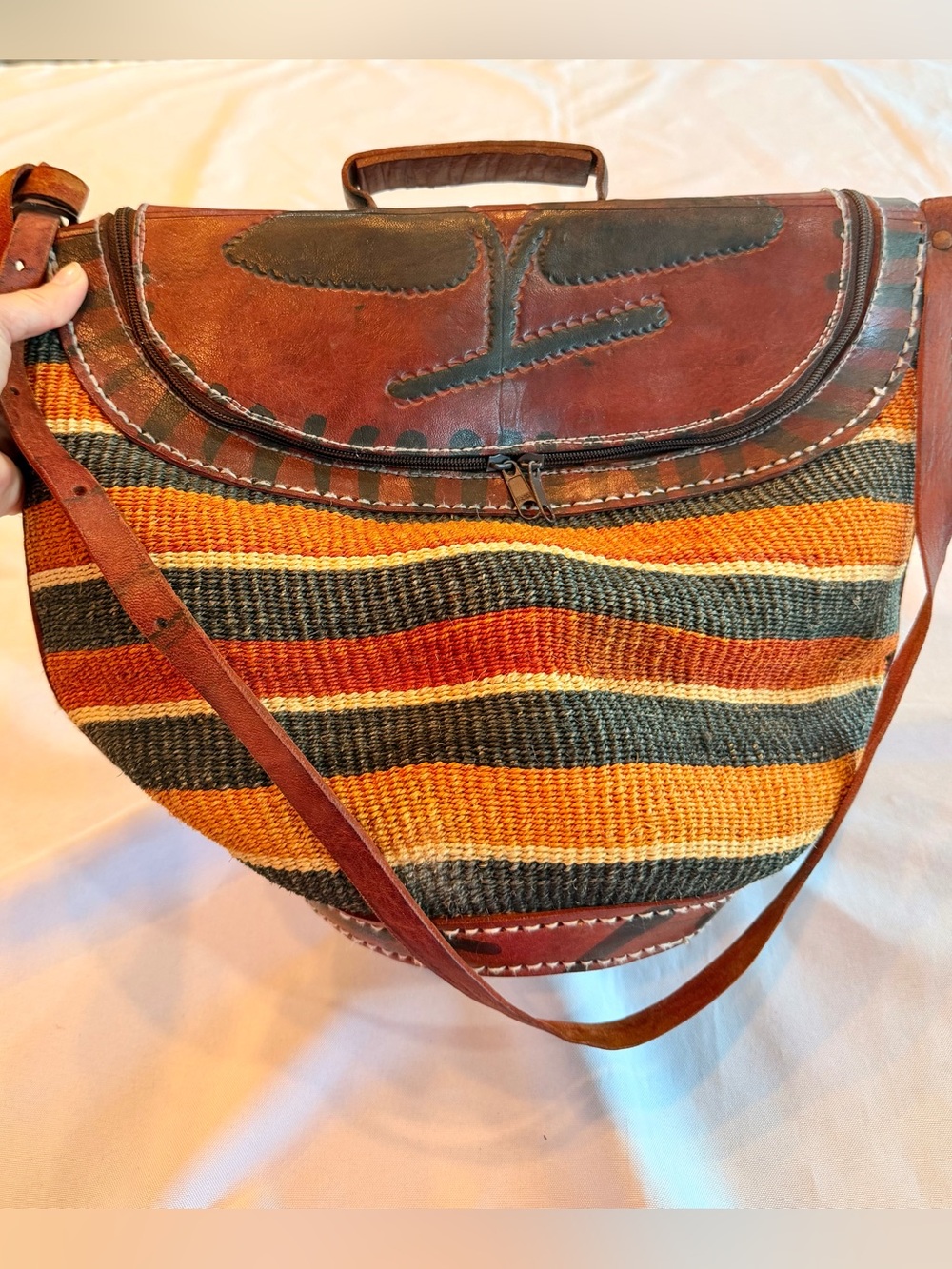 African Kiondo Sisal Woven Leather Bag with Leather Flap and Tooled Designs